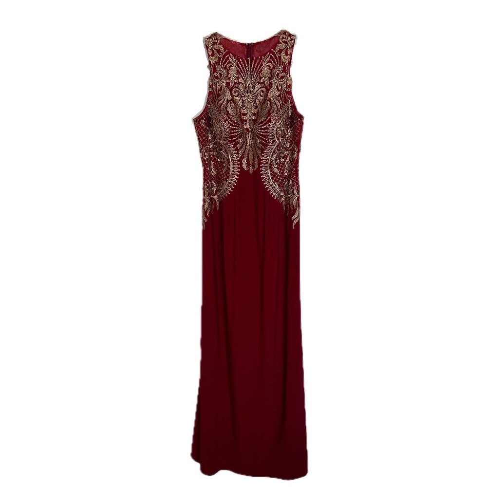 Cachet Dress Red Gold Embellished Embroidered Mesh Chiffon Evening Gown Size 8